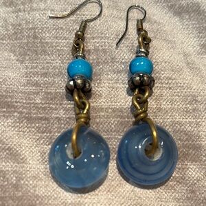 Vintage Glass Blue and Turquoise Beaded Brass Dangle Earrings 2 1/2”